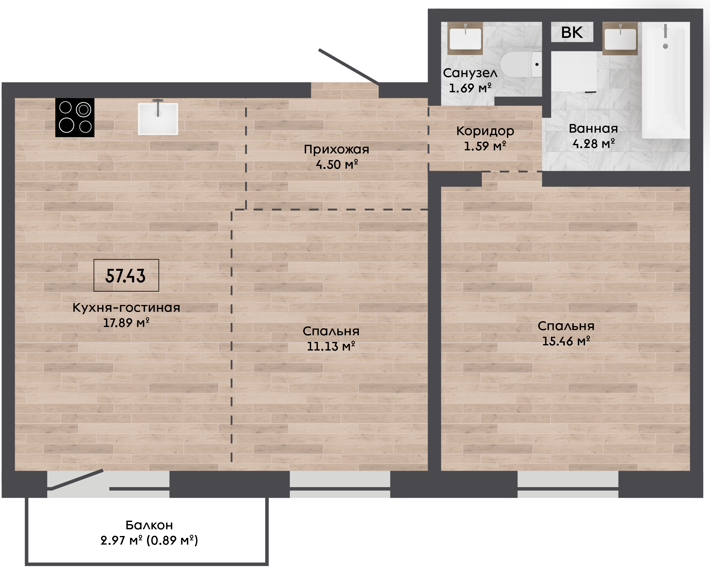 Квартира 57.43м.кв., комнат 3, ЭЗС